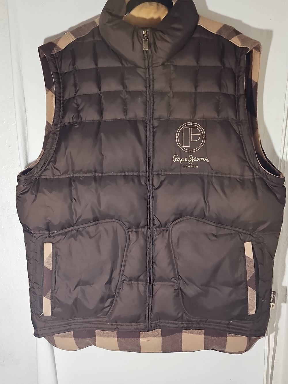 Pepe Jeans Brown Quilted Puffer Vest with Plaid Trim
